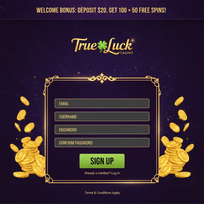 True Luck registratieformulier — accountaanmaak met e-mail en wachtwoordvelden